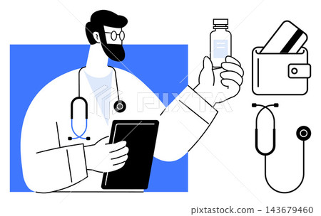 Healthcare, telemedicine, digital health services, financial transactions, modern medicine, online consultations. A doctor with a tablet and medicine. Healthcare and telemedicine concepts Healthcare, telemedicine, digital health services, financial transactions, modern medicine, online consultations. A doctor with a tablet and medicine. Healthcare and telemedicine concepts 143679460
