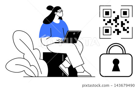 Cybersecurity, data encryption, online authentication, QR codes, digital privacy, secure transactions. Woman working on laptop next to lock and QR code. Cybersecurity and digital authentication focus Cybersecurity, data encryption, online authentication, QR codes, digital privacy, secure transactions. Woman working on laptop next to lock and QR code. Cybersecurity and digital authentication focus 143679490