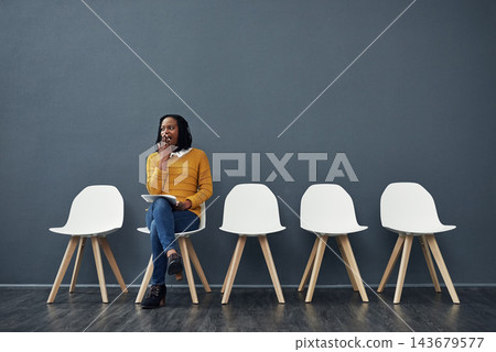 Waiting, tired and black woman for recruitment, hiring or meeting for interview in office. Chairs, yawn and female person as candidate of human resources, exhausted or fatigue with paper in workplace Waiting, tired and black woman for recruitment, hiring or meeting for interview in office. Chairs, yawn and female person as candidate of human resources, exhausted or fatigue with paper in workplace 143679577