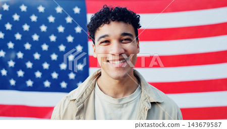 Man, portrait and american flag for independence, smile and heritage in background. Male model, stars and stripes for patriotism in USA, freedom or representation in celebration for human rights Man, portrait and american flag for independence, smile and heritage in background. Male model, stars and stripes for patriotism in USA, freedom or representation in celebration for human rights 143679587