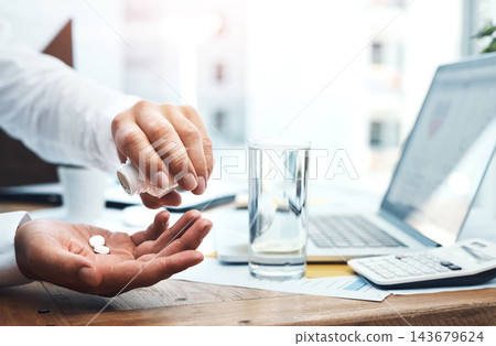 Water, hands and businessman with pills in office for headache, migraine or pain treatment. Medical, sick and male person with h2o drink and tablets medication for flu, cold or allergies in workplace Water, hands and businessman with pills in office for headache, migraine or pain treatment. Medical, sick and male person with h2o drink and tablets medication for flu, cold or allergies in workplace 143679624