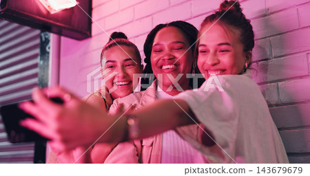 Friends, night and outdoor selfie with women, smile and hug for photo, memory and social media in city. People, reunion or girls in street for picture with influencer, neon light and bonding by club 143679679