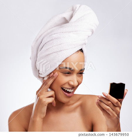 Mirror, woman and towel in studio for skincare with happiness, results and transformation. Wellness, model girl and pride or smile for spa treatment, collagen and glow or shine by white background Mirror, woman and towel in studio for skincare with happiness, results and transformation. Wellness, model girl and pride or smile for spa treatment, collagen and glow or shine by white background 143679950