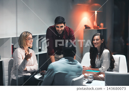 Business people, smile and planning for design at night in office, creative agency and overtime food for project. Teamwork, support and problem solving in pizza meeting for deadline and discussion 143680073