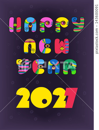 Groovy 70s Happy New Year 2027. Nostalgic vintage typography with surreal multicolor decor. Vibrant yellow numbers with a bold red 7 on a dark purple background. Retro fashion design. Groovy 70s Happy New Year 2027. Nostalgic vintage typography with surreal multicolor decor. Vibrant yellow numbers with a bold red 7 on a dark purple background. Retro fashion design. 143680091