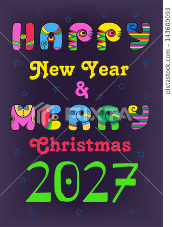 Retro Disco Happy New Year 2027. Vibrant colorful typography reminiscent of the 60s and 70s era on a purple background. Vintage stylish holiday and Merry Christmas design. 143680093