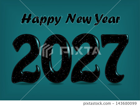 Gothic Elegance Happy New Year 2027. Bold black typography adorned with enchanting glowing blurs and festive sparks. Set against a rich green background. Unique artistic holiday design. Gothic Elegance Happy New Year 2027. Bold black typography adorned with enchanting glowing blurs and festive sparks. Set against a rich green background. Unique artistic holiday design. 143680099