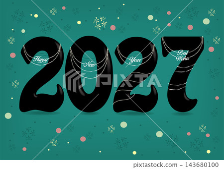 Chic Happy New Year 2027. Sleek black numbers adorned with white pearl collars and pendant texts. Vibrant green background with a colorful confetti shower. Elegant holiday greeting design. Chic Happy New Year 2027. Sleek black numbers adorned with white pearl collars and pendant texts. Vibrant green background with a colorful confetti shower. Elegant holiday greeting design. 143680100