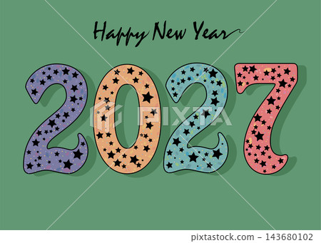 Artistic Happy New Year 2027. Colorful numbers adorned with black stars for a touch of gothic charm. Rich green background. Unique and elegant vector illustration for holiday greetings. Artistic Happy New Year 2027. Colorful numbers adorned with black stars for a touch of gothic charm. Rich green background. Unique and elegant vector illustration for holiday greetings. 143680102