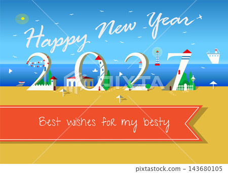 Coastal Happy New Year 2027. White sky text like a plane trail, numbers designed as beachfront houses. Serene seascape background with an orange banner for custom messages. Tropical design. Coastal Happy New Year 2027. White sky text like a plane trail, numbers designed as beachfront houses. Serene seascape background with an orange banner for custom messages. Tropical design. 143680105