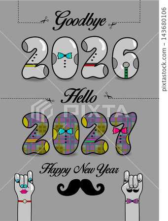 Retro Happy New Year 2027. Vintage design bidding farewell to 2026. Artistic numbers with ties and buttons. Playful male and female cartoon hands on a gray background with black text. Retro Happy New Year 2027. Vintage design bidding farewell to 2026. Artistic numbers with ties and buttons. Playful male and female cartoon hands on a gray background with black text. 143680106