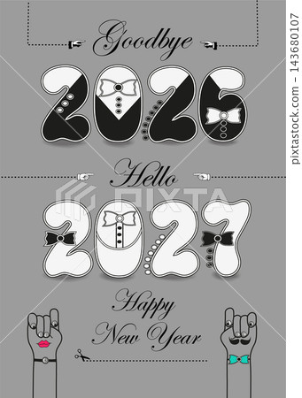 Vintage New Year 2027. Quirky numbers in tuxedos and ties with cartoon hands. Bid farewell to 2026 and welcome 2027. Retro gray background with black elegant typography. Vintage New Year 2027. Quirky numbers in tuxedos and ties with cartoon hands. Bid farewell to 2026 and welcome 2027. Retro gray background with black elegant typography. 143680107