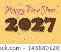 Sweet Happy New Year 2027. Brown chocolate cookie numbers with colorful cream on a yellow background with confetti. Features pink cream greeting text. Perfect for festive holiday cards. 143680120