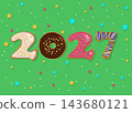 Sweet Happy New Year 2027. Colorful numbers made of glazed donuts with cream and nuts decor. Vibrant green background with bright confetti. Fun and festive holiday greeting card design. 143680121
