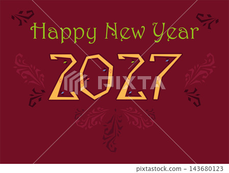 Folk Happy New Year 2027. Festive greeting card with green letters, yellow numbers, and a bold red background. Beautifully decorated with traditional botanical floral elements. 143680123