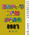 Disco Happy New Year 2027. Vibrant cartoon typography with colorful decor and bold black retro numbers. Fun yellow-green background. Perfect for stylish vintage holiday greeting cards. 143680125