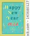Festive Happy New Year 2027. Colorful typography with star decor. Green and yellow letters with red numbers. Set on a beautiful blue watercolor background featuring a big yellow heart. 143680127