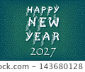 Happy New Year 2027. Festive white frost floral typography on a dark green background with a winter snowfall frame. Elegant botanical holiday greeting card design. 143680128
