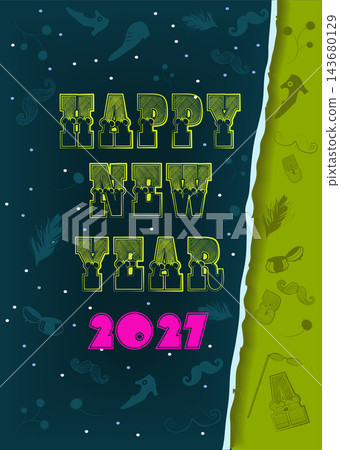 Vintage Happy New Year 2027. Typographic design with yellow text and a pink number. Set on a green and dark blue background featuring nostalgic retro items and winter snowfall. 143680129