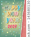 Festive Happy New Year 2027. Colorful watercolor typography and red 2027 with white outlines on a green and red background. Features torn paper edges and bright confetti. 143680130
