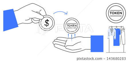 Online shopping, cryptocurrency payments, virtual currency exchange, e-commerce, financial transactions, digital trade. Tokens being exchanged between hands. E-commerce and cryptocurrency payments 143680283