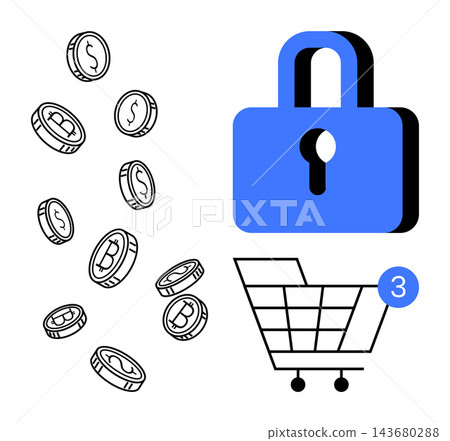 Online shopping, blockchain payments, cybersecurity, financial security, e-commerce, digital safeguarding. Blue padlock, falling coins shopping cart. Online shopping and blockchain payments concept Online shopping, blockchain payments, cybersecurity, financial security, e-commerce, digital safeguarding. Blue padlock, falling coins shopping cart. Online shopping and blockchain payments concept 143680288