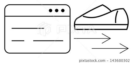 E-commerce, logistics, online shopping, delivery systems, retail, digital marketplace. A browser window connects to a shoe outline with arrows emphasizing movement. E-commerce and logistics themed 143680302