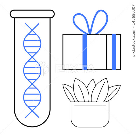 Biotechnology, environmental care, genetic research, gift giving, nature preservation, sustainable gifts. DNA helix in test tube, potted plant and wrapped gift box. Biotechnology and environmental Biotechnology, environmental care, genetic research, gift giving, nature preservation, sustainable gifts. DNA helix in test tube, potted plant and wrapped gift box. Biotechnology and environmental 143680307