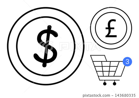 Finance, e-commerce, global trade, online shopping, money exchange, retail services. Dollar and pound currency signs with a shopping cart and notification. Finance and e-commerce concepts Finance, e-commerce, global trade, online shopping, money exchange, retail services. Dollar and pound currency signs with a shopping cart and notification. Finance and e-commerce concepts 143680335