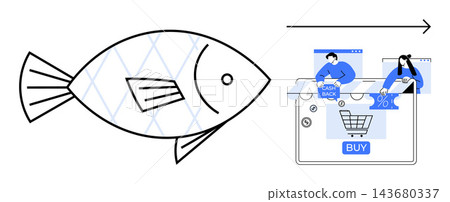 Cybersecurity, online safety, phishing prevention, digital transactions, e-commerce, fraud detection. Illustration of a fish with symbolic icons of online transactions. Cybersecurity and phishing Cybersecurity, online safety, phishing prevention, digital transactions, e-commerce, fraud detection. Illustration of a fish with symbolic icons of online transactions. Cybersecurity and phishing 143680337