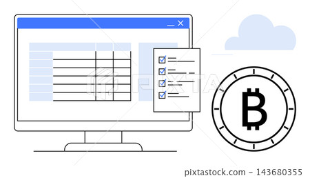 Digital finance, blockchain technology, cryptocurrency management, online transactions, data organization, and cloud storage. Computer screen displaying a chart and checklist next to bitcoin symbol Digital finance, blockchain technology, cryptocurrency management, online transactions, data organization, and cloud storage. Computer screen displaying a chart and checklist next to bitcoin symbol 143680355