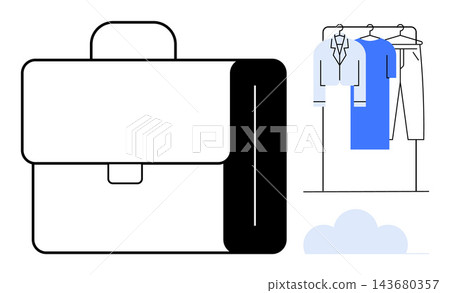 Business, professionalism, office essentials, organization, work-life balance, career success. Minimalist briefcase and wardrobe with formal clothing. Business and professionalism concepts 143680357