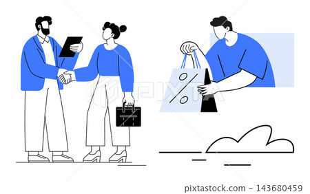 Business partnerships, teamwork, e-commerce, sales, customer satisfaction, negotiations. Two professionals shaking hands and a person holding shopping bags. Business partnerships and e-commerce ideas Business partnerships, teamwork, e-commerce, sales, customer satisfaction, negotiations. Two professionals shaking hands and a person holding shopping bags. Business partnerships and e-commerce ideas 143680459