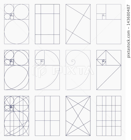 Golden ratio layouts. Fibonacci array, numbers. Method golden section. Harmony proportions. Outline graphic illustration. Golden ratio layouts. Fibonacci array, numbers. Method golden section. Harmony proportions. Outline graphic illustration. 143680487