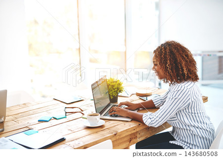 Woman, laptop and typing in office for social media post, communication or online news and email. Female person, technology and writing message for internet research, web browsing or networking Woman, laptop and typing in office for social media post, communication or online news and email. Female person, technology and writing message for internet research, web browsing or networking 143680508