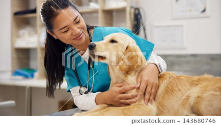 Woman, vet and dog at clinic with smile, care and stroke for health, development and growth with wellness. Person, doctor and golden retriever pet with assessment, exam and check at animal hospital 143680746