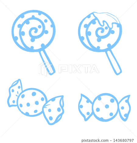 A set of line art illustrations of light blue candy. A set of line art illustrations of light blue candy. 143680797
