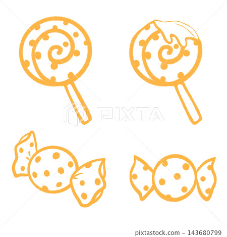 A set of line art illustrations of yellow candy. 143680799