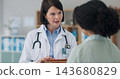 Hospital, tablet and doctor talking to patient for consulting, medical service and help in clinic. Healthcare, telehealth and people on digital tech for diagnosis, online results and insurance 143680829