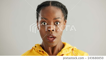 Surprise, portrait and black woman in studio with omg for announcement, gossip or fake news on gray background. Wide eyes, emoji and person with reaction for secret, wow or unexpected revelation Surprise, portrait and black woman in studio with omg for announcement, gossip or fake news on gray background. Wide eyes, emoji and person with reaction for secret, wow or unexpected revelation 143680850
