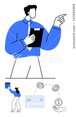 Finance, business management, cashless transactions, digital payments, fintech solutions, modern technology. Professional holding a clipboard and gesturing with payment icons below. Finance Finance, business management, cashless transactions, digital payments, fintech solutions, modern technology. Professional holding a clipboard and gesturing with payment icons below. Finance 143680968