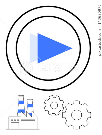 Automation, industry, manufacturing, technology, digital processes, innovation. A play button within circles, factory building and gears. Automation and industry concept 143680973