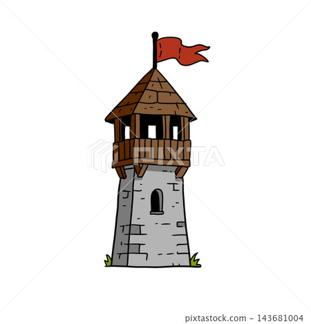 Watchtower wooden top, gray stone base brown balcony roof, red flag icon. Medieval guard post cartoon art, simple sentinel turret symbol. Lookout post pine crest mark Watchtower wooden top, gray stone base brown balcony roof, red flag icon. Medieval guard post cartoon art, simple sentinel turret symbol. Lookout post pine crest mark 143681004