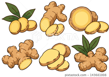 Ginger set six pieces, roots slices leaves collection, spicy kitchen icons. Natural organic ingredient cartoon sheet, simple aromatic spice group. Zesty rhizome variety bundle 143681008