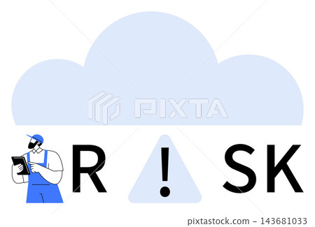 Data security, cloud computing, risk management, IT systems, safety measures, operational processes. Worker holding a tablet with cloud icon and risk text. Data security and cloud computing concept Data security, cloud computing, risk management, IT systems, safety measures, operational processes. Worker holding a tablet with cloud icon and risk text. Data security and cloud computing concept 143681033