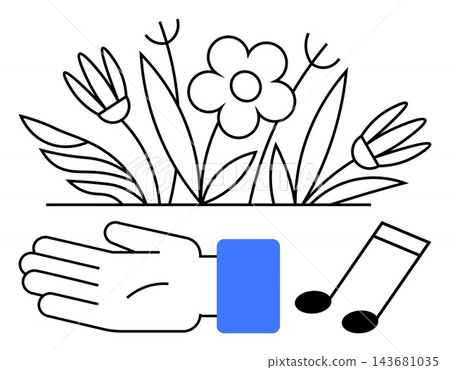 Environment, creativity, human interaction, music, growth, harmony. A hand with flowers and musical notes. Environment and creativity connection with natural objects and music Environment, creativity, human interaction, music, growth, harmony. A hand with flowers and musical notes. Environment and creativity connection with natural objects and music 143681035