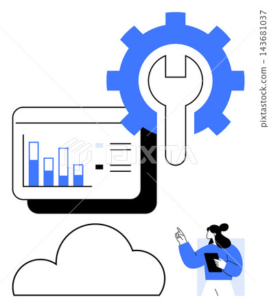Data management, cloud computing, analytics, technology tools, digital optimization, business solutions. Graphs, gear cloud person holding a tablet. Data management and cloud computing Data management, cloud computing, analytics, technology tools, digital optimization, business solutions. Graphs, gear cloud person holding a tablet. Data management and cloud computing 143681037