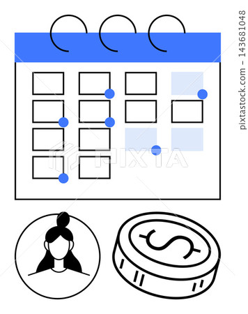 Time management, payment scheduling, workforce planning, financial management, business tasks, organization. Calendar with marked dates, coin and female avatar icon. Time management and payment Time management, payment scheduling, workforce planning, financial management, business tasks, organization. Calendar with marked dates, coin and female avatar icon. Time management and payment 143681048