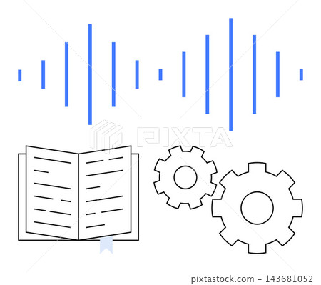 Education, technology, machine learning, reading tools, sound engineering, data visualization. Audio wave lines, an open book and gear elements. Education and technology concept Education, technology, machine learning, reading tools, sound engineering, data visualization. Audio wave lines, an open book and gear elements. Education and technology concept 143681052