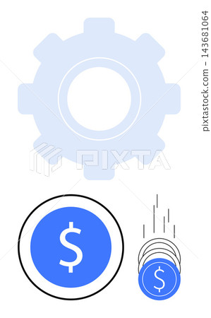 Financial growth, business efficiency, economic systems, investment, transactions, monetary operations. Gear and dollar icons economic function and transactional flow. Financial growth and business 143681064